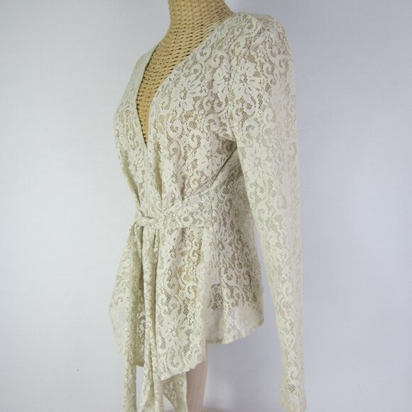 Suki Women M Taupe Ivory Floral Lace Long Sleeve Cardigan Front Ties Made in USA - Picture 3 of 12